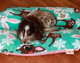 Holiday Dachshund Dog Bed, Aqua Deer Bunny Fleece BUNBED