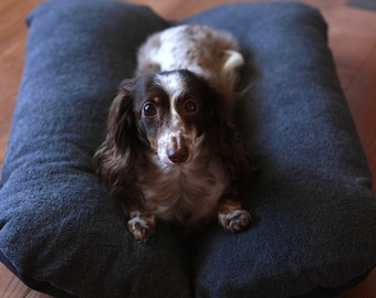 Bunbed Dachshund Dog Bed, Burrow Snuggle Bun Black Charcoal Gray Plush Fleece - The Ominous Cloud -