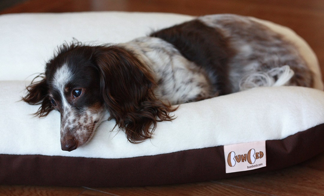 BUNBED, Dachshund Dog Bed, Burrow Bed, White Ivory Plush & Brown Fleece