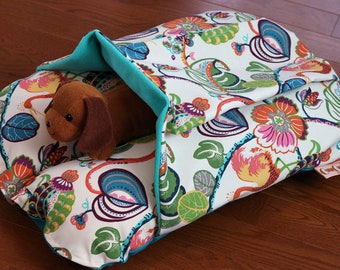 Colorful Turquoise White Tropical Floral Outdoor Fabric Bunbed Dachshund Dog Bed, pocket cover Burrow Snuggle Sack Fleece, Small Dog Bun Bed