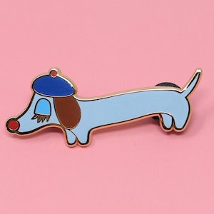 Retro Blue Dachshund Enamel Pin "Le Ween" Hot Dog Jewelry 2" Gold Tone