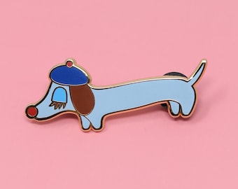 Retro Blue Dachshund Enamel Pin "Le Ween" Hot Dog Jewelry 2" Gold Tone