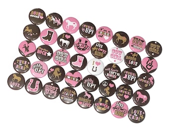 Cowgirl, Pink, Brown, 1", 1.25", Button, Rodeo, Rodeo Theme, Cowgirl Theme, Horses, Horse Theme, Party Favor, Flatback, Pinback, HR005