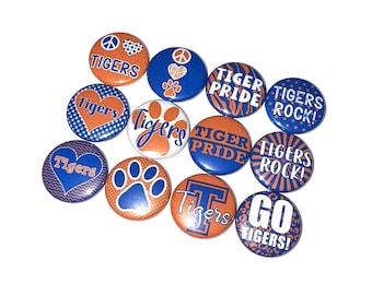 Tigers, Orange, Blue, 1", 1.25", 1.5", 2.25", Button, Tiger Theme, Tiger Decor, Flatback, Pinback, Pin, Badge, SM017