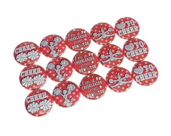 Red Cheer, Cheer, 1", 1.25", 1.5", Button, Cheer Theme, Cheer Decor, Cheerleading, Gift, Cheer Birthday, Poms, Flatback, Pinback, CD020