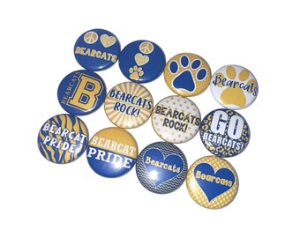 Bearcats, Royal Blue, Yellow, 1", 1.25", 1.5", 2.25", Button, Bearcat Theme, Bearcat Decor, Blue Bearcat, Flatback, Pinback, Badge, SM023