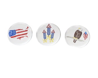 America, 1", 1.25", 1.5", 2.25", Button, American Flag, Memorial Day, Independence Day, Patriotic, Eagle, Firework, Flatback, Pinback, PC015
