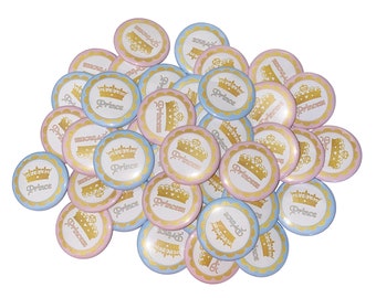 Gender Reveal, Blue, Pink, Gold, Crown, 1.25", 1.5", 2.25", Pinback Button, Prince, Princess, Baby Reveal, Pregnancy Reveal, VB311, VB339