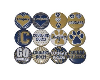 Cougar Magnet, Navy Blue, Gold, 1", 1.25", 1.5", 2.25", Button Magnet, Cougar Theme, Cougar Decor, Cougars, SM005