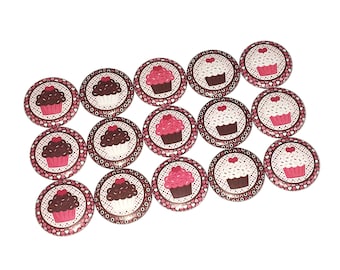 Cupcakes, 1", 1.25", 1.5", 2.25", Button, Brown, Pink, Cupcake Theme, Cupcake Decor, Dessert, Flatback, Pinback, Pin, Badge, Food, FD002