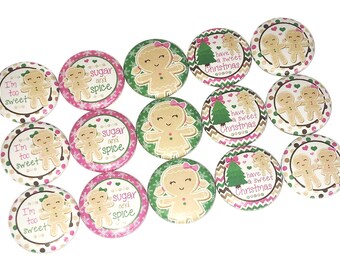 Gingerbread, Pink, Green, 1", 1.25", 1.5", 2.25", Button, Christmas Theme, Christmas Decor, Xmas, Tree, Flatback, Pinback, Pin, Badge, X012
