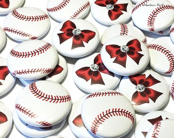 Baseball Gender Reveal, Baseballs or Bows, Red Baseball, Red Bows, 1.25", 1.5", 2.25", Pinback Button, Baby Shower, Baby Vote, SE056, VB160