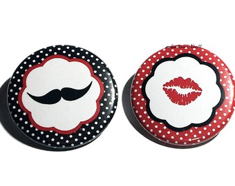 Gender Reveal, Kisses, Staches, Black, Red, Mustache, 1.25", 1.5", 2.25", Pinback Button, Holiday, Lips, Baby Shower, Votes, VB351, VB366