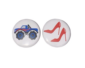 Trucks, Heels, Blue, Red, 1.25", 1.5", 2.25", Pinback Button, Wheels, High Heels, Baby Shower, Baby Reveal, VB521, VB044