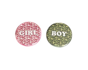 Camo, Gender Reveal, Pink, Green, Imperfect, 1.25" Pinback Button, 10 Buttons, Ready to Ship, VB469, VB470