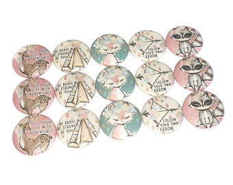 Woodland Boho, 1", 1.25", 1.5", 2.25", Button, Fox, Deer, Racoon, Teepee, Bow and Arrow, Woodlands, Party Favor, Flatback, Pinback, WA001
