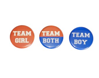 Gender Reveal, Twins, Blue, Orange, 1.25", 1.5", 2.25", Pinback Button, Boy, Girl, Team Both, Twin Reveal, Baby Vote, VB090, VB077, VB443