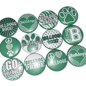 Bulldogs, Green, White, 1&quot;, 1.25&quot;, 1.5&quot;, 2.25&quot;, Button, Bulldog Theme, Bulldog Flatback, Bulldog Pinback, SM049