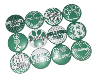 Bulldogs, Green, White, 1", 1.25", 1.5", 2.25", Button, Bulldog Theme, Bulldog Flatback, Bulldog Pinback, SM049