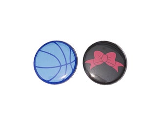Reveal, Basketball, Bows, Dark Pink, Blue, 1.25", 1.5", 2.25", Pinback Button, Boy or Girl, Shower, Baby Reveal, Throws, VB542, VB525