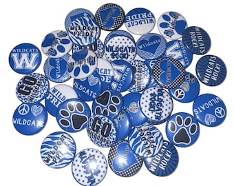 Wildcats, Royal Blue, Black, White, 1", 1.25", 1.5", 2.25", Button, Wildcat Decor, Wildcat Theme, Wildcat Flatback, Wildcat Pinback, SM079