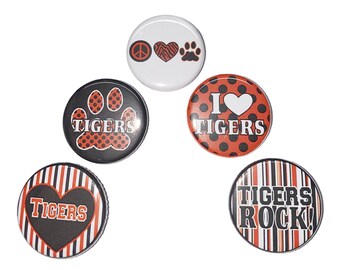 Tigers, Orange, Black, Imperfect, 1.25" Pinback Button, 5 Buttons, Ready to Ship