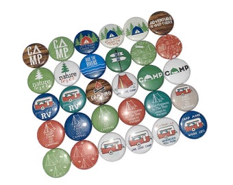 Camping, 1", 1.25", 1.5", Button, Party Favor, Camping Birthday, Tent, Camping Theme, RV, Camper, Camp Fire, Flatback, Pinback, Pin, OH003
