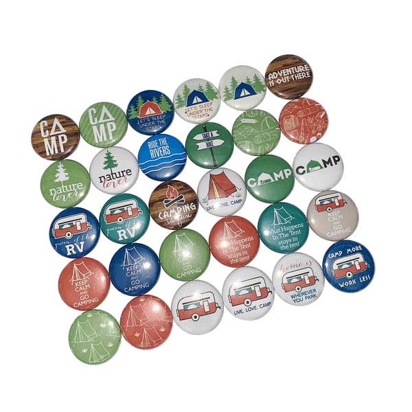 Camping, 1", 1.25", 1.5", Button, Party Favor, Camping Birthday, Tent, Camping Theme, RV, Camper, Camp Fire, Flatback, Pinback, Pin, OH003