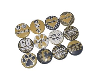 Cougars, Black, Gold, 1", 1.25", 1.5", 2.25", Button, Cougar Theme, Cougar Decor, Party Favor, Paw, Cougar Flatback, Cougar Pinback, SM009