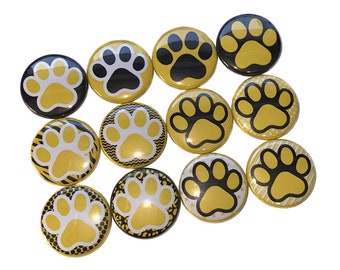 Paws, Yellow, Black, White, 1", 1.25", 1.5", 2.25", Button, Black Paw, Yellow Paw, School Colors, Flatback, Pinback, PP035