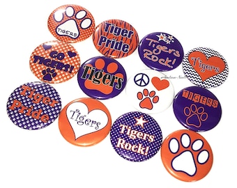 Tigers, Orange, Purple, 1", 1.25", 1.5", 2.25", Button, Tiger Theme, Party Favor, Tiger Flatback, Tiger Pinback, Tiger Badge, SM035