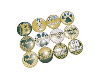 Bobcats, Dark Green, Gold, 1", 1.25", 1.5", 2.25", Button, Bobcat Theme, Bobcat Flatback, Bobcat Pinback, SM072