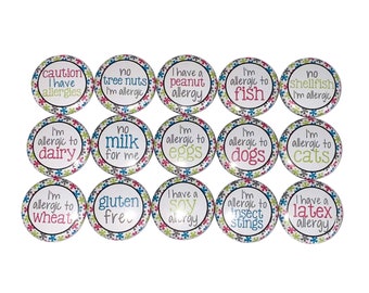 Allergy, 1", 1.25", 1.5", 2.25", Button, 5 Buttons, Shellfish Allergy, Tree Nut Allergy, Peanut Allergy, Gluten Free, Bee Allergy, AL001