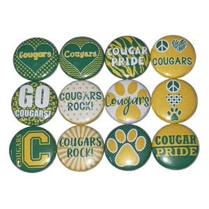 Cougars Magnet, Green, Yellow, 1&quot;, 1.25&quot;, 1.5&quot;, 2.25&quot;, Button Magnet, Cougar Theme, SM015