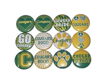 Cougars Magnet, Green, Yellow, 1", 1.25", 1.5", 2.25", Button Magnet, Cougar Theme, SM015