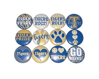 Tiger Magnet, Royal Blue, Yellow, 1", 1.25", 1.5", 2.25", Button Magnet, Tiger Theme, Tiger Decor, Party Favor, Paw, SM007