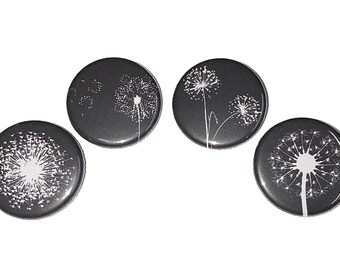 Dandelions, White, Black, Daisy, 1", 1.25", 1.5", 2.25", Button, Dandelion Theme, Dandelion Decor, Wish, Luck, Flatback, Pinback, Pin, PF010
