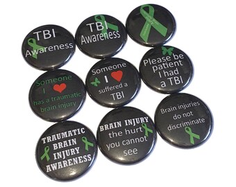 Brain Injury, TBI, Green Ribbon, 1", 1.25", 1.5", Button, Brain Injury Awareness, TBI Awareness, Flatback, Pinback, Pin, CA045