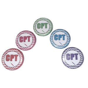 May include: Five round buttons with a white chevron pattern border. Each button has the text "CPT" in red, green, blue, pink, and purple.