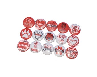 Tigers, Red, White, 1", 1.25", 1.5", 2.25", Button, Tiger Craft Supplies, Tiger Embellishment, Tiger Flatback, Tiger Pinback, SM045