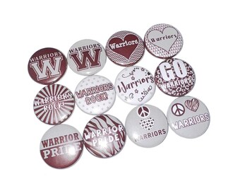 Warriors, Maroon, Gray, 1", 1.25", 1.5", 2.25", Button, Grey, Warrior Theme, Warrior Decor, Party Favor, Indian, Flatback, Pinback, SM038