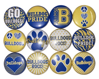 Bulldog Magnet, Royal Blue, Yellow, 1", 1.25", 1.5", 2.25", Button Magnet, Bulldog Theme, SM052