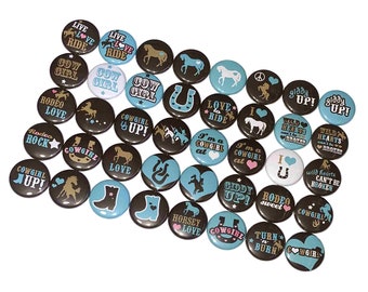 Cowgirl, Rodeo, 1", 1.25", Button, Horse, Rodeo Theme, Rodeo Decor, Brown, Turquoise, Party Favor, Cowgirl Decor, Flatback, Pinback, HR002