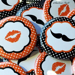 Gender Reveal, Mustache, Kiss, Orange, Black, 1.25&quot;, 1.5&quot;, 2.25&quot;, Pinback Button, Holiday, Baby Reveal, Fall, Halloween, Vote, VB321, VB362