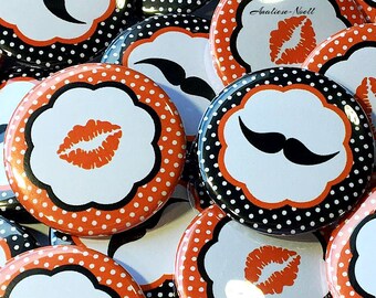 Gender Reveal, Mustache, Kiss, Orange, Black, 1.25", 1.5", 2.25", Pinback Button, Holiday, Baby Reveal, Fall, Halloween, Vote, VB321, VB362