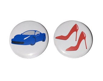 Gender Reveal, Wheels, Heels, Royal Blue, Red, 1.25", 1.5", 2.25", Pinback Button, Girl or Boy, Baby Reveal, Sports Car, Car, VB171, VB044