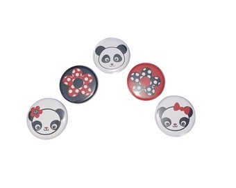 Panda Magnet, Red, Black, 1", 1.25", Button Magnet, Panda, Panda Decor, Panda Theme, Panda Gift, Panda Party Favor, A009