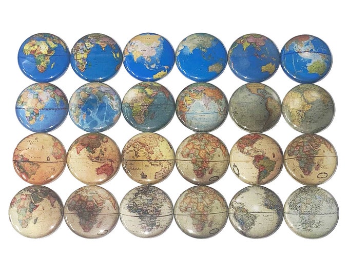 Featured listing image: Globe Magnet, 1", 1.25", 1.5", 2.25", Button Magnet, World Travel, Globe Magnet, Map Magnet, Globe Decor, Map Theme, Earth, Travel, DI003