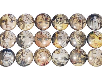 Dolls, Clocks, 1", 1.25, 1.5", 2.25", Button Magnet, Doll Face, Mannequin, Steampunk, Time, Scary Doll, Horror, Gadget, Party Favor, D019