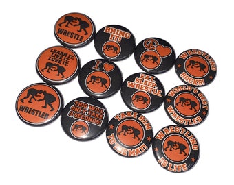 Wrestler, Black, Orange,  1", 1.25", 1.5", Button, Wrestling, Wrestler Decor, Wrestling Theme, Gift, Flatback, Pinback, Pin, Badge, SE025